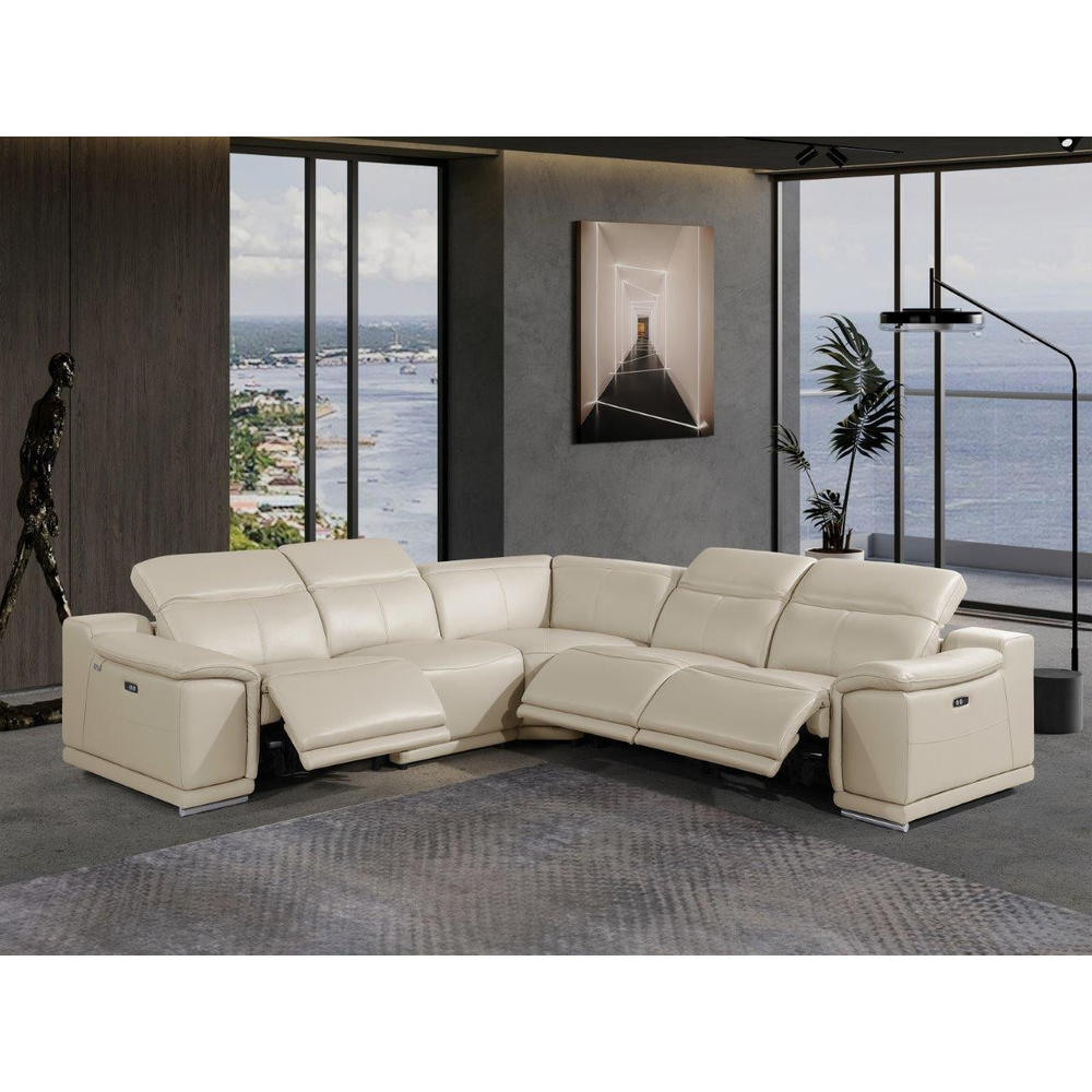 HomeRoots Beige Italian Leather Power Reclining U Shaped Five Piece Corner Sectional With Console
