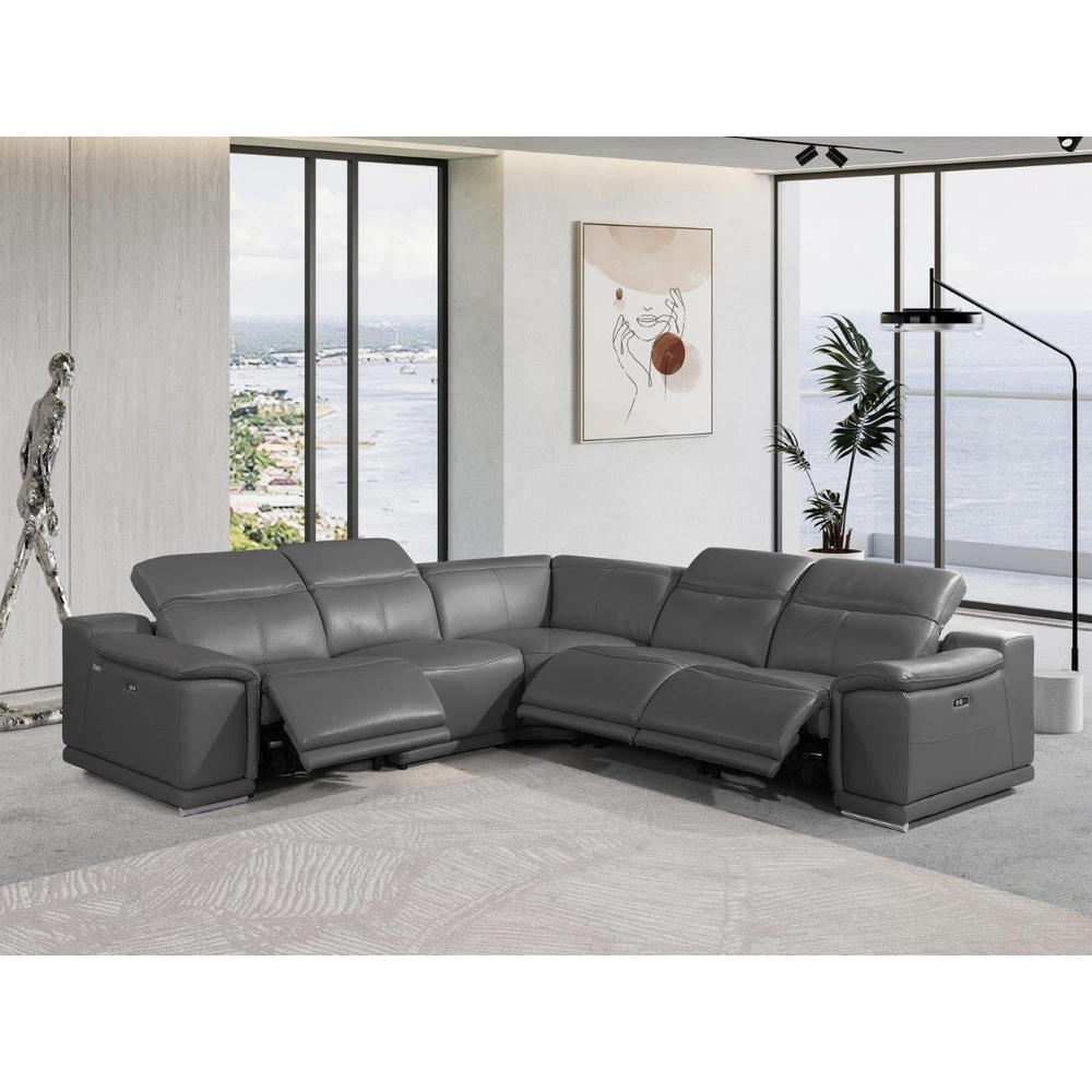 HomeRoots Gray Italian Leather Power Reclining U Shaped Five Piece Corner Sectional With Console
