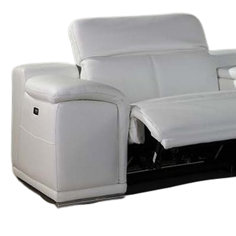 HomeRoots White Italian Leather Power Reclining U Shaped Eight Piece Corner Sectional With Console