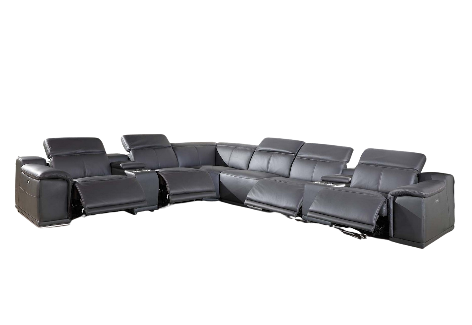 HomeRoots Gray Italian Leather Power Reclining U Shaped Eight Piece Corner Sectional With Console
