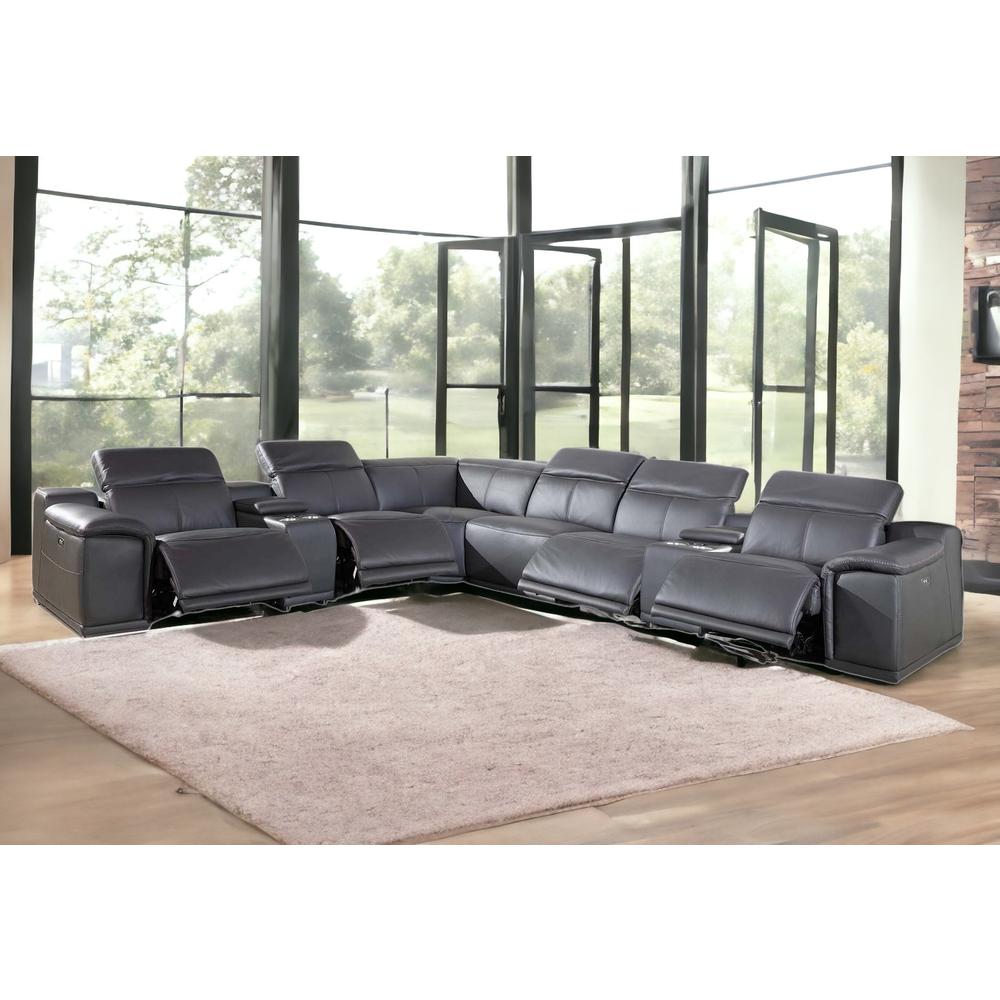 HomeRoots Gray Italian Leather Power Reclining U Shaped Eight Piece Corner Sectional With Console