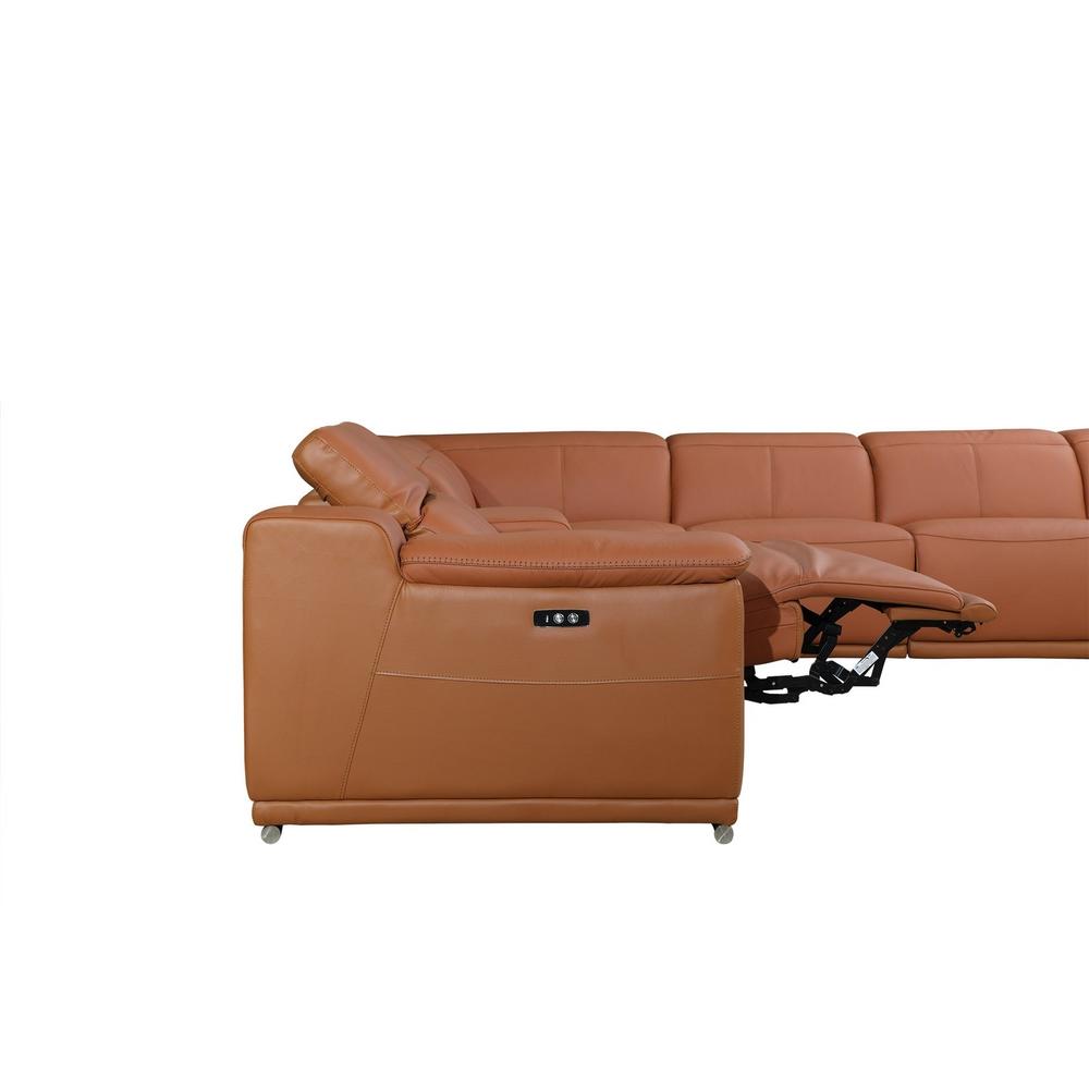 HomeRoots Camel Italian Leather Power Reclining U Shaped Eight Piece Corner Sectional With Console