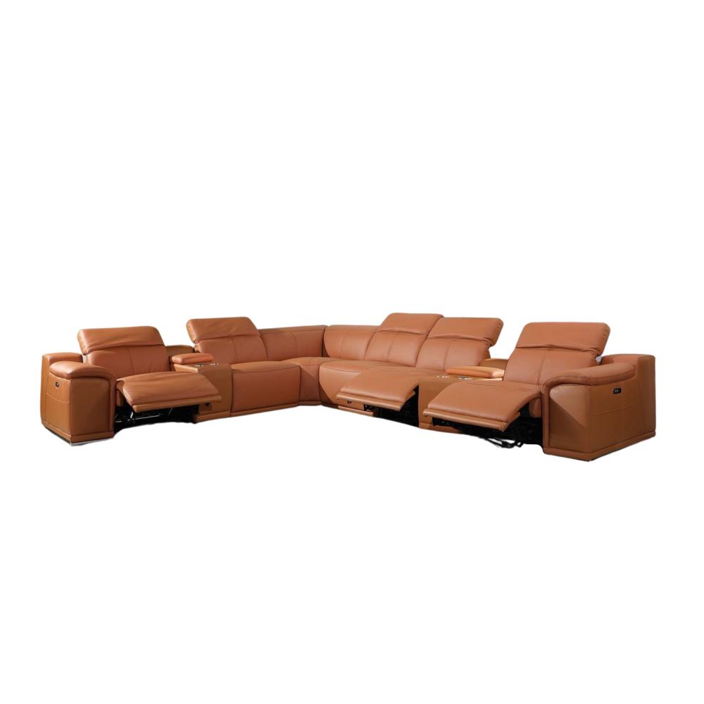 HomeRoots Camel Italian Leather Power Reclining U Shaped Eight Piece Corner Sectional With Console