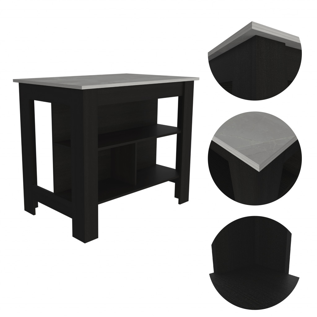 HomeRoots Modern Black Kitchen Island with a Marble Counter Top