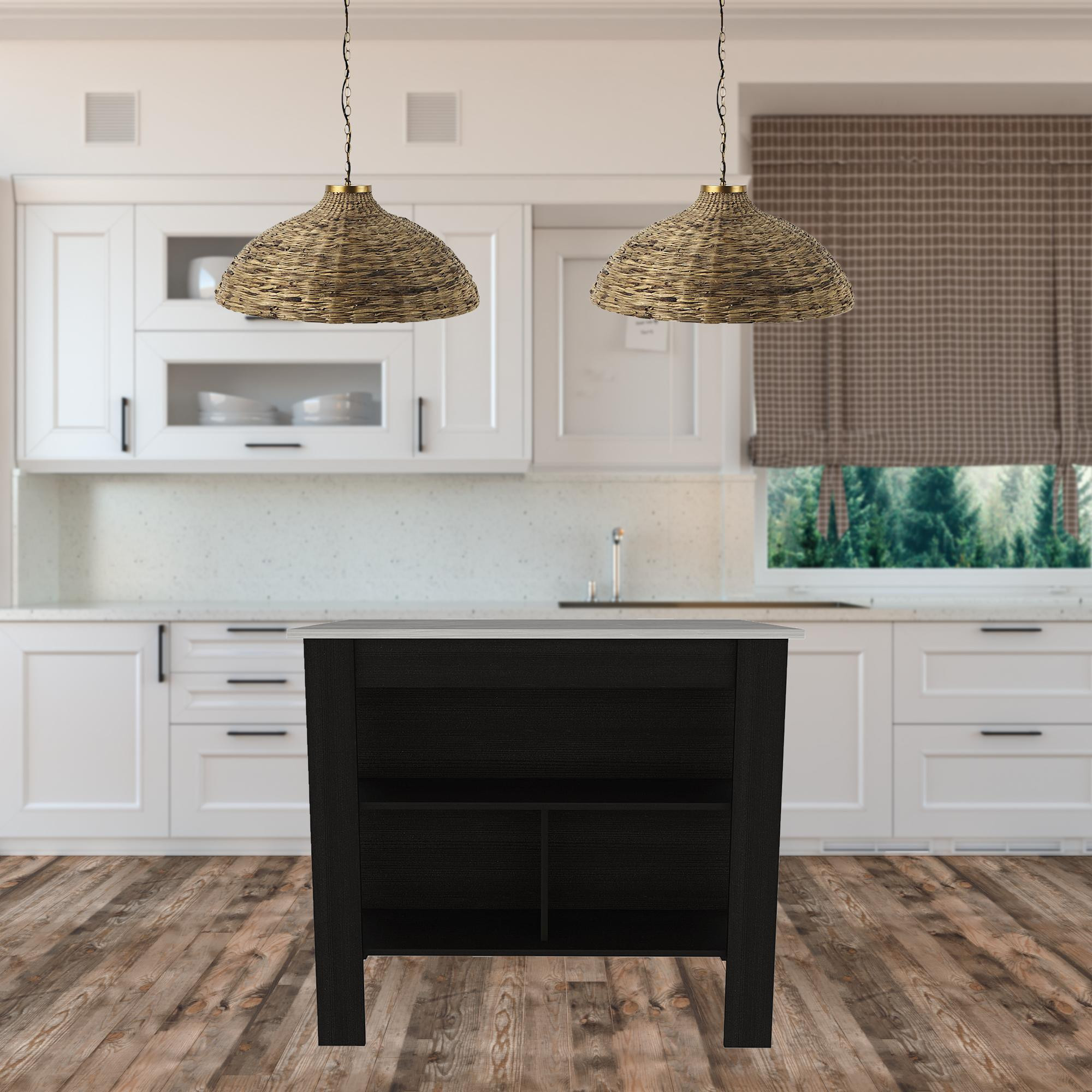 HomeRoots Modern Black Kitchen Island with a Marble Counter Top