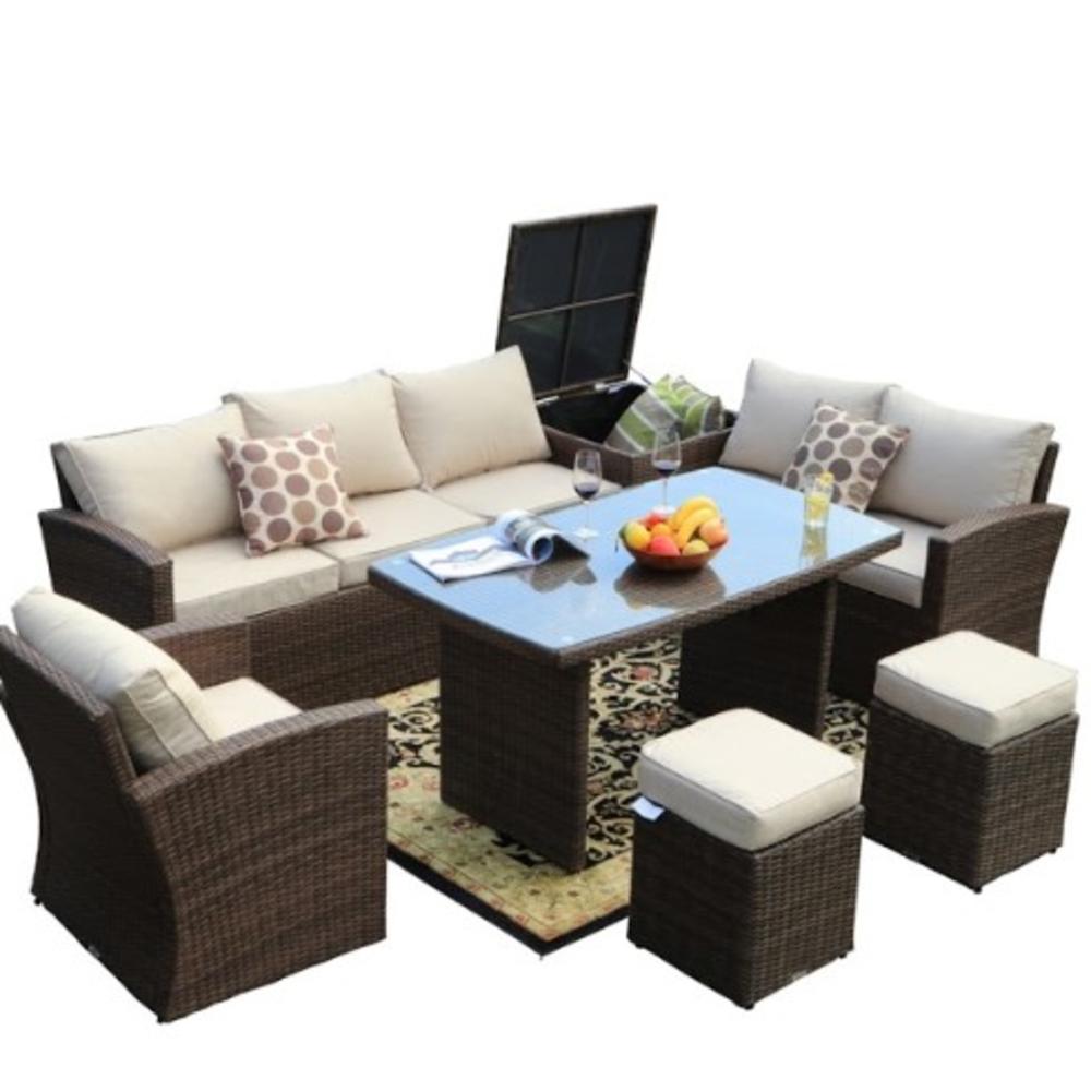HomeRoots 179.85" X 31.89" 32.68" Brown 7Piece Steel Outdoor Sectional Sofa Set With Ottomans And Storage Box