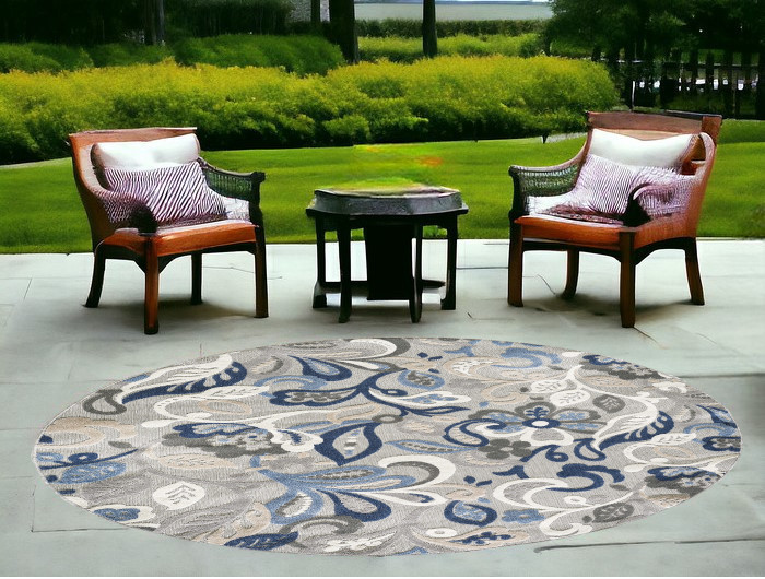 Home Roots 8’ Round Blue Gray Jacobean Floral Indoor Outdoor Area Rug