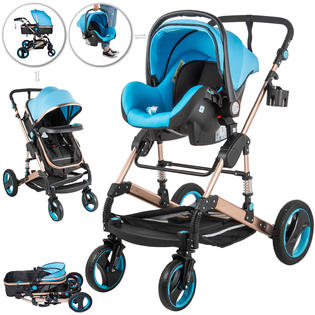 VEVOR Luxury Baby Stroller 3 In 1 Foldable Pushchair Infant Travel W/ Car  Seat Blue
