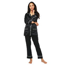 MYK Women's Silk Classic Long Pajama Set with Contrast Piping