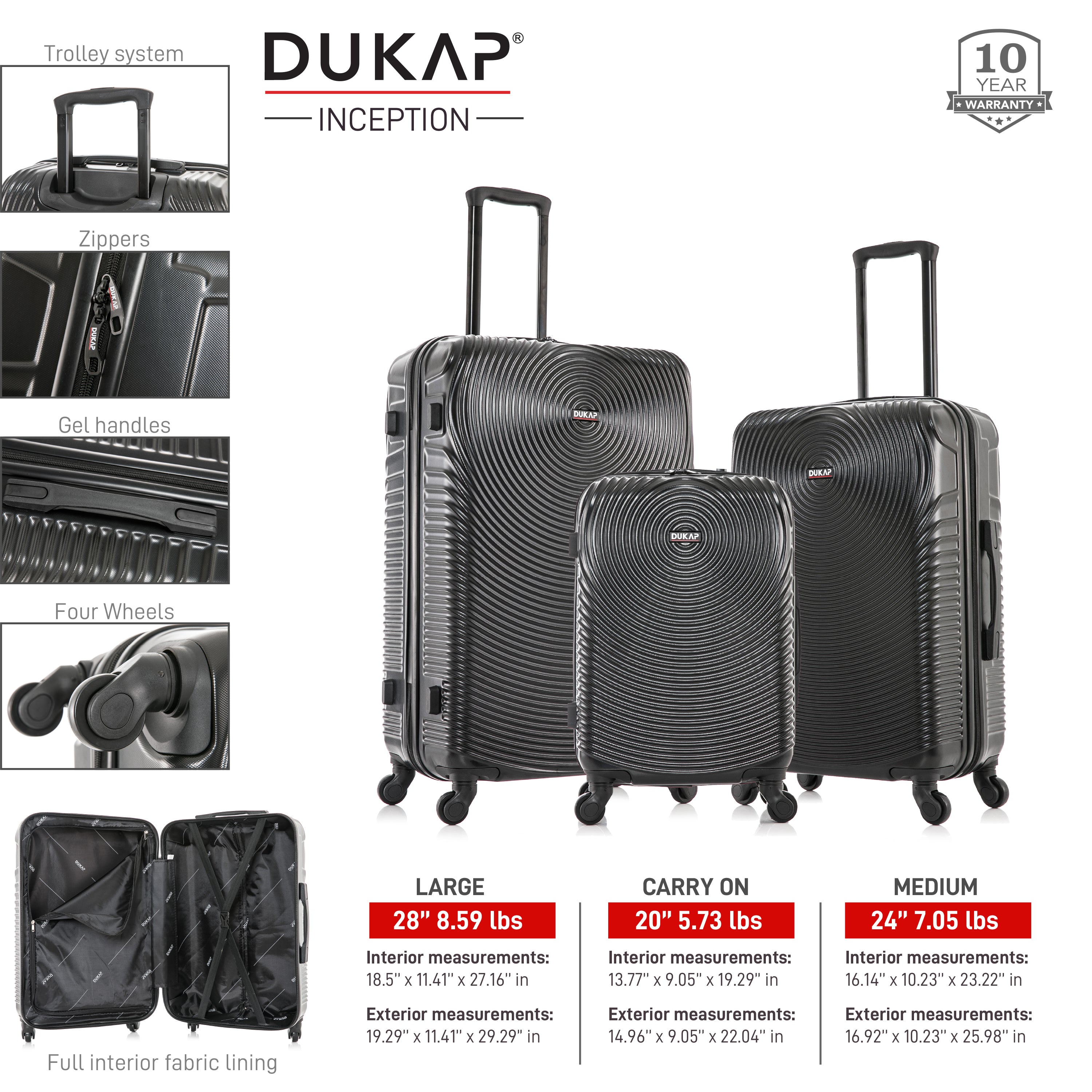 DUKAP Inception Lightweight Hardside Spinner 3 Piece Luggage set  20'',24'', 28'' inch