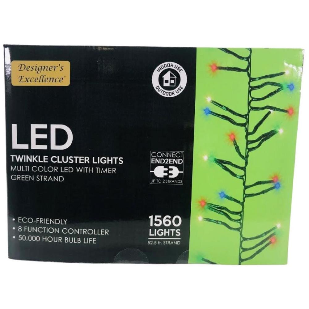 Direct Export Company LED Twinkle Cluster Lights 52.5Ft Multi w/ Green Strand Connect End to End