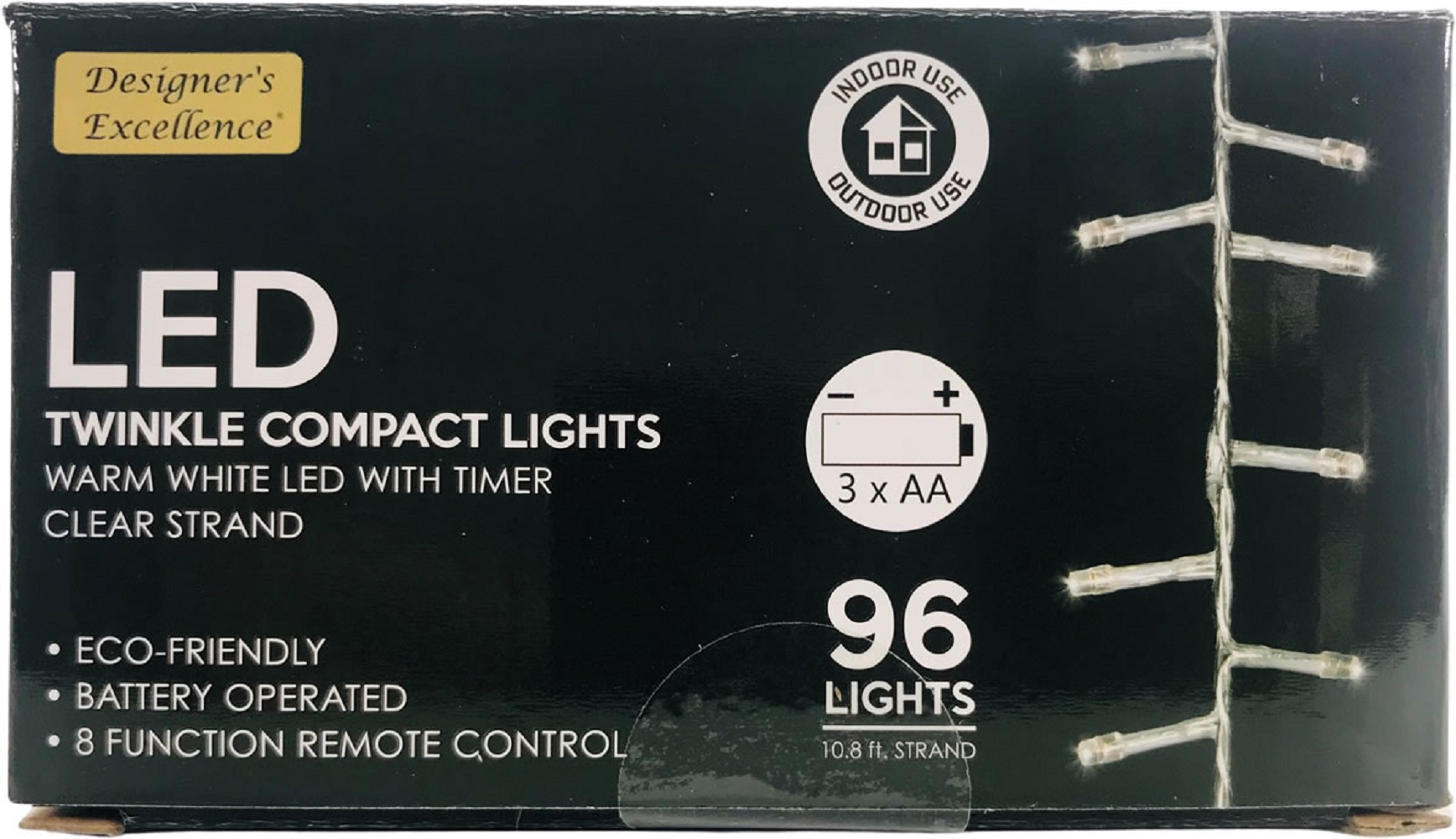 Direct Export Company LED Twinkle Compact Lights 10.8Ft Warm White w Clear Strand Battery Operated 8 Function Remote Control