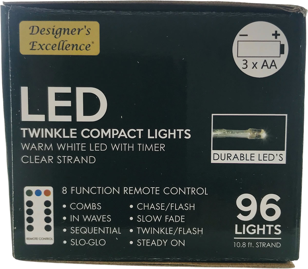 Direct Export Company LED Twinkle Compact Lights 10.8Ft Warm White w Clear Strand Battery Operated 8 Function Remote Control