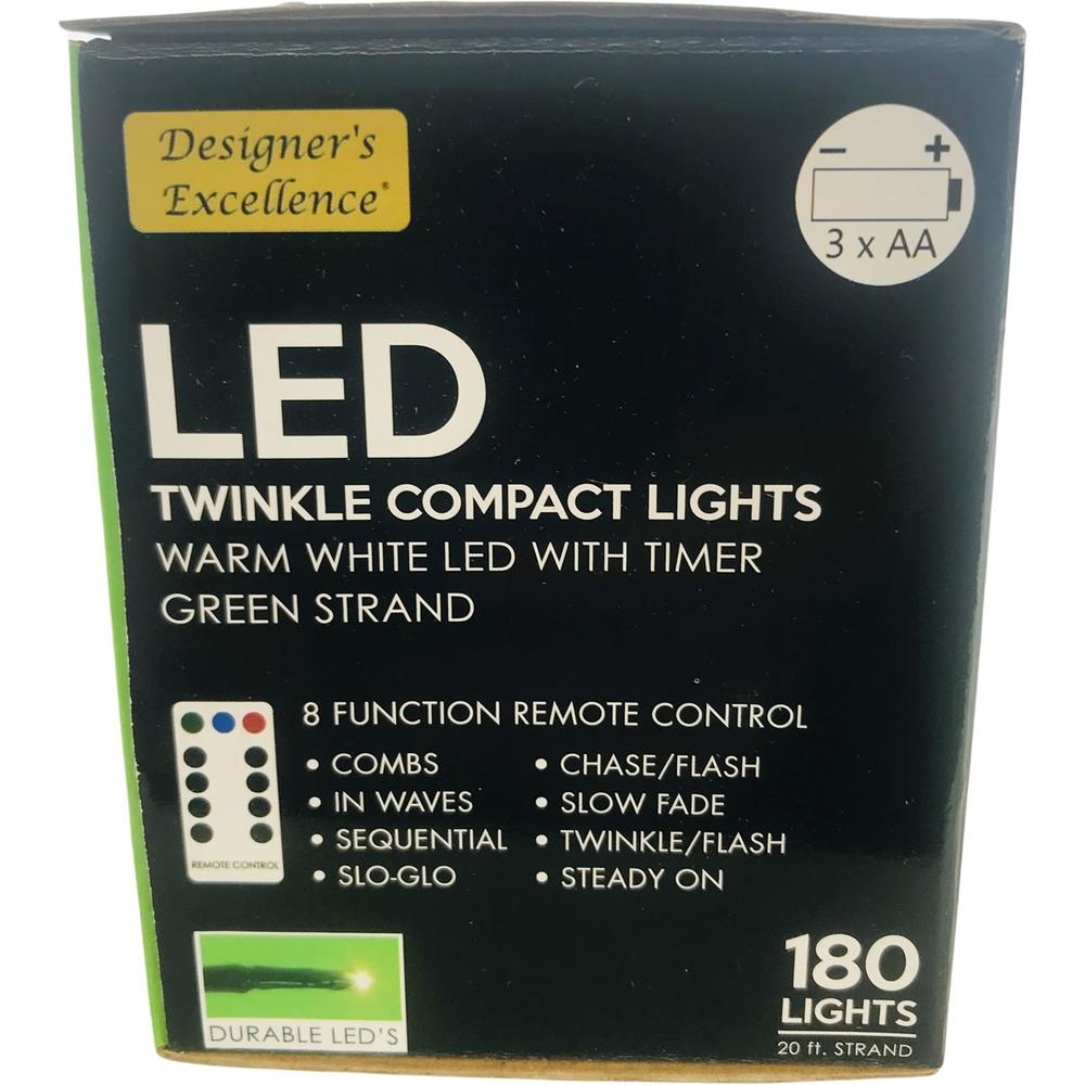 Direct Export Company LED Twinkle Compact Lights 20Ft White w Green Strand Battery Operated 8 Function Remote Control