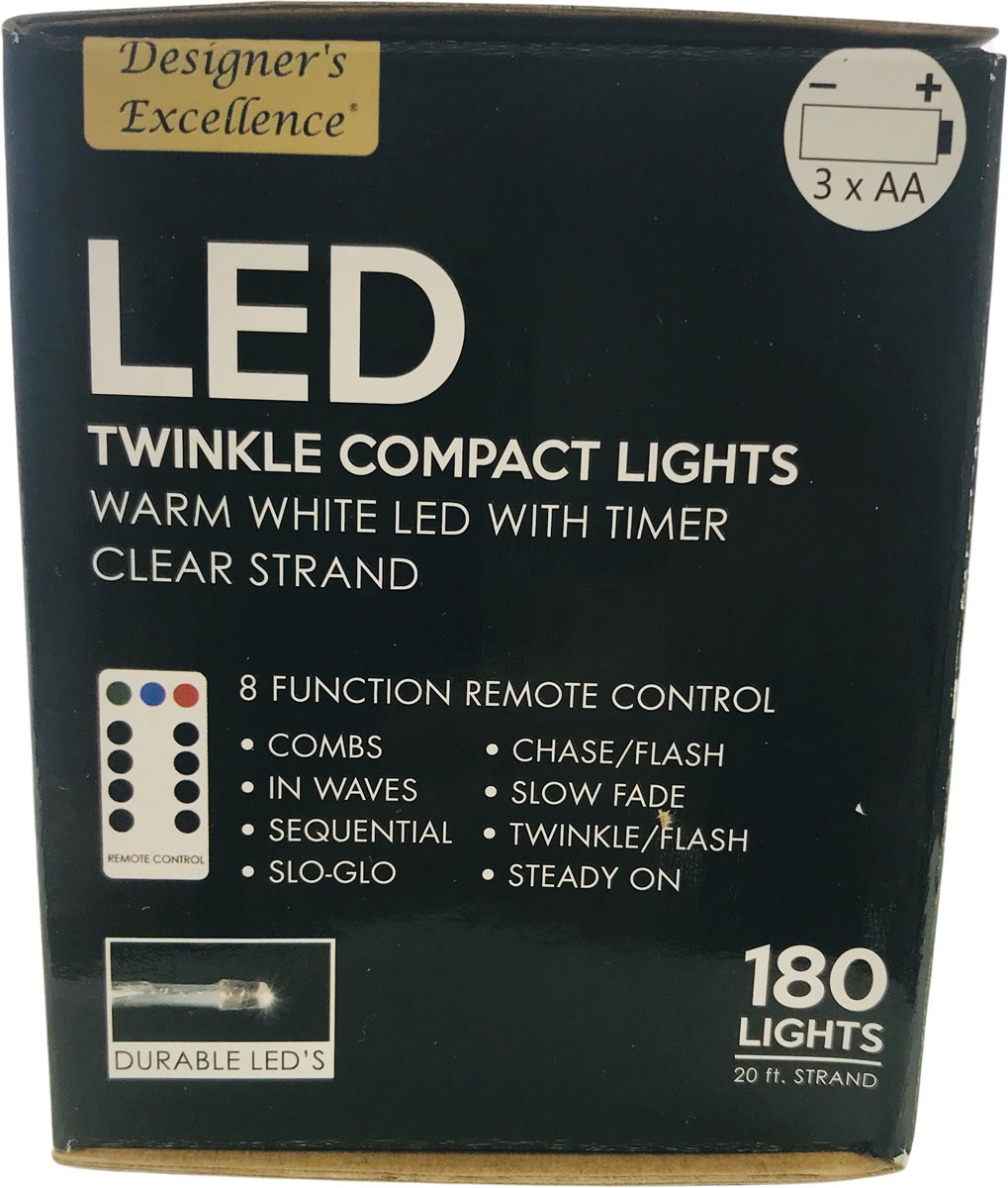 Direct Export Company LED Twinkle Compact Lights 20Ft Warm White w Clear Strand Battery Operated 8 Function Remote Control