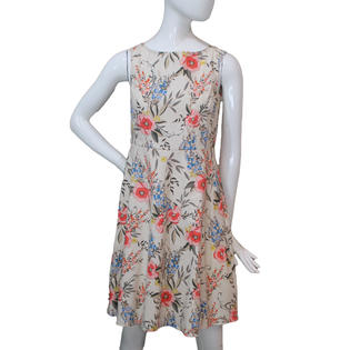 Lands End Women 4 Petite Sleeveless Linen Aline Dress, Oatmeal Floral Lands End Women 4 Petite Sleeveless Linen Aline Dress, Oatmeal Floral