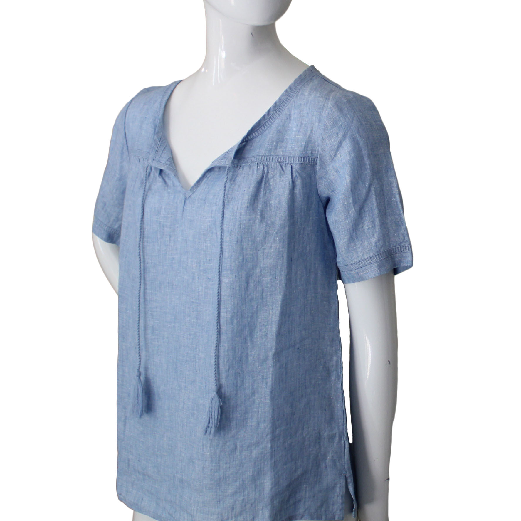 Lands' End Lands End Women Size 4 Petite Short Sleeve Linen Blouse, China Blue