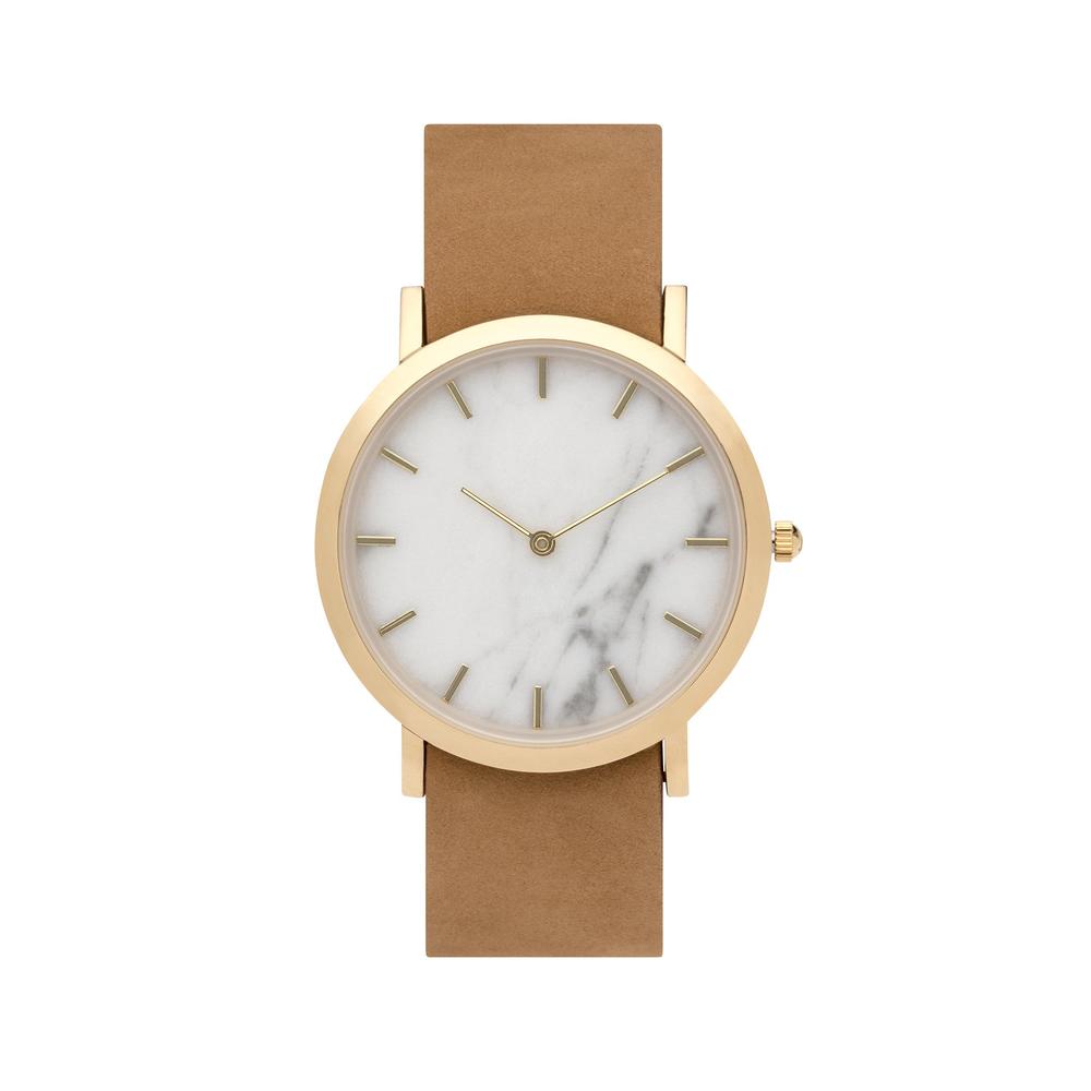 analog watch co. White Marble Classic Watch Tan Leather