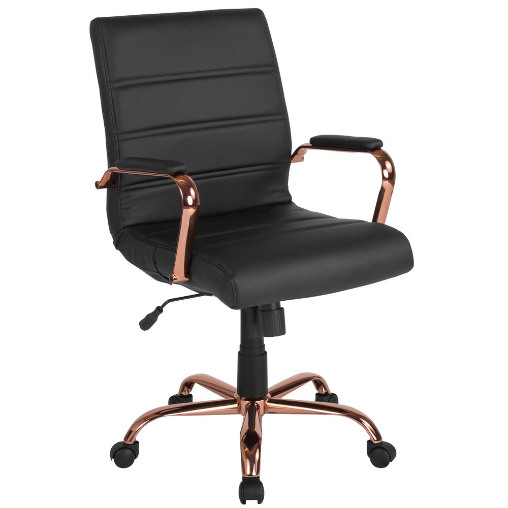 Flash Furniture Mid-Back Black LeatherSoft Executive Swivel Office Chair with Rose Gold Frame and Arms
