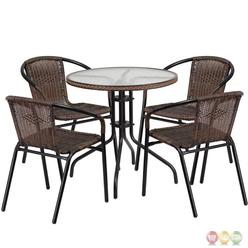 Flash Furniture 28'' Round Glass Metal Table with Dark Brown Rattan Edging and 4 Dark Brown Rattan Stack Chairs