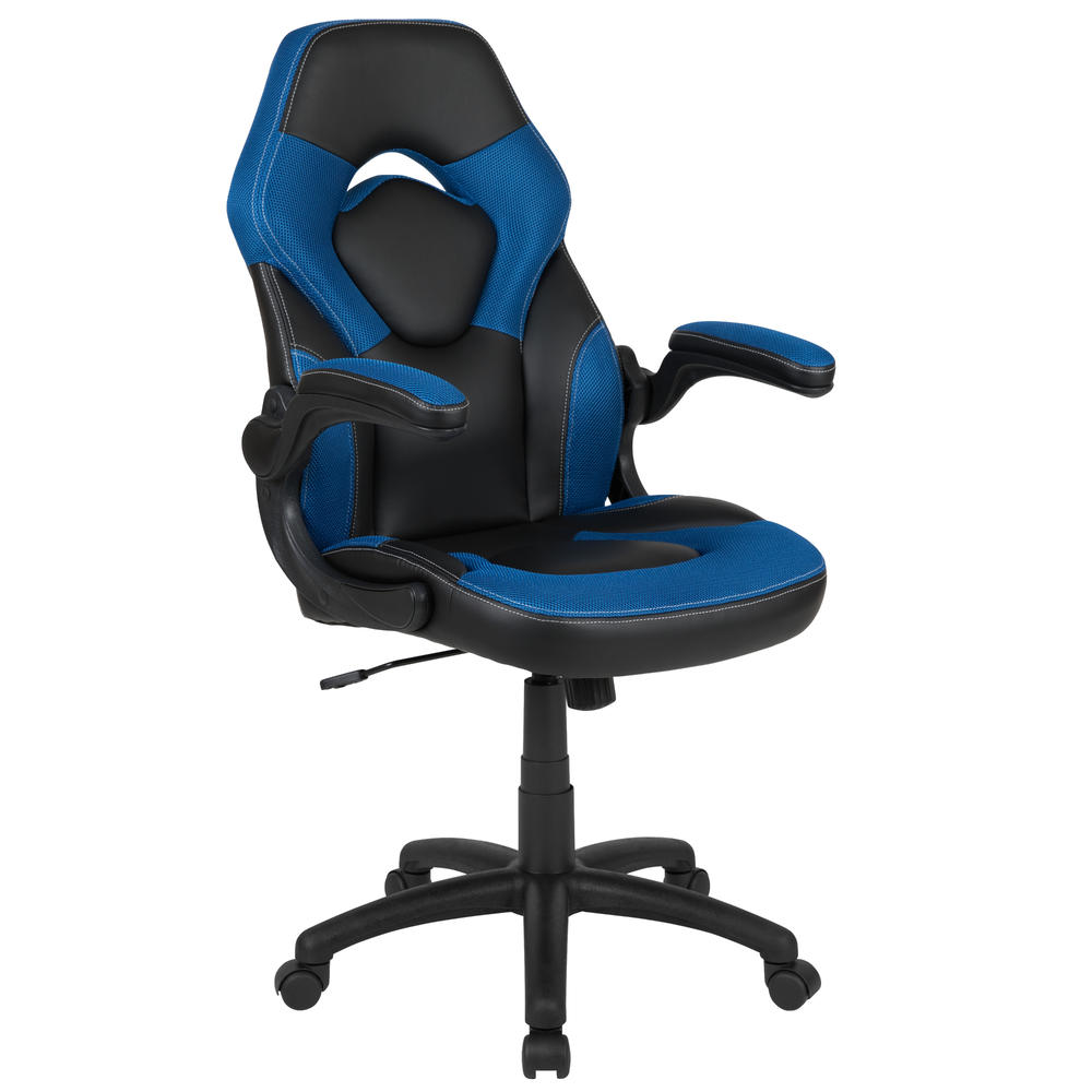 F&F Furniture Group 46.25" Blue and Black Office Ergonomic Adjustable X10 Gaming Swivel Chair with Flip-up Arms
