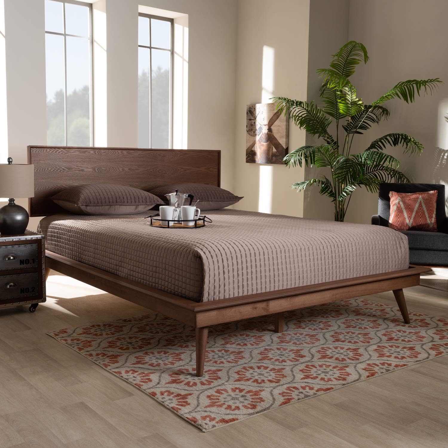 Oakestry Karine Mid-Century Modern Walnut Brown Finished Wood Queen Size Platform Bed