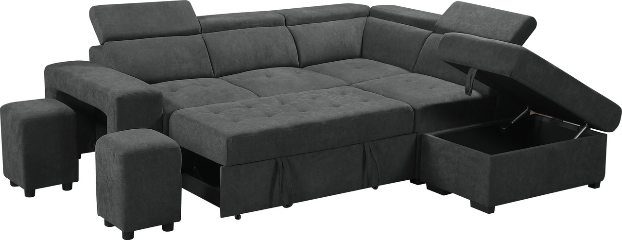 Lilola Home Henrik Dark Gray Sleeper Sectional Sofa With Storage Ottoman And 2 Stools Henrik Dark Gray Sleeper Sectional Sofa, Sofa Sleeper With Chaise And Storage