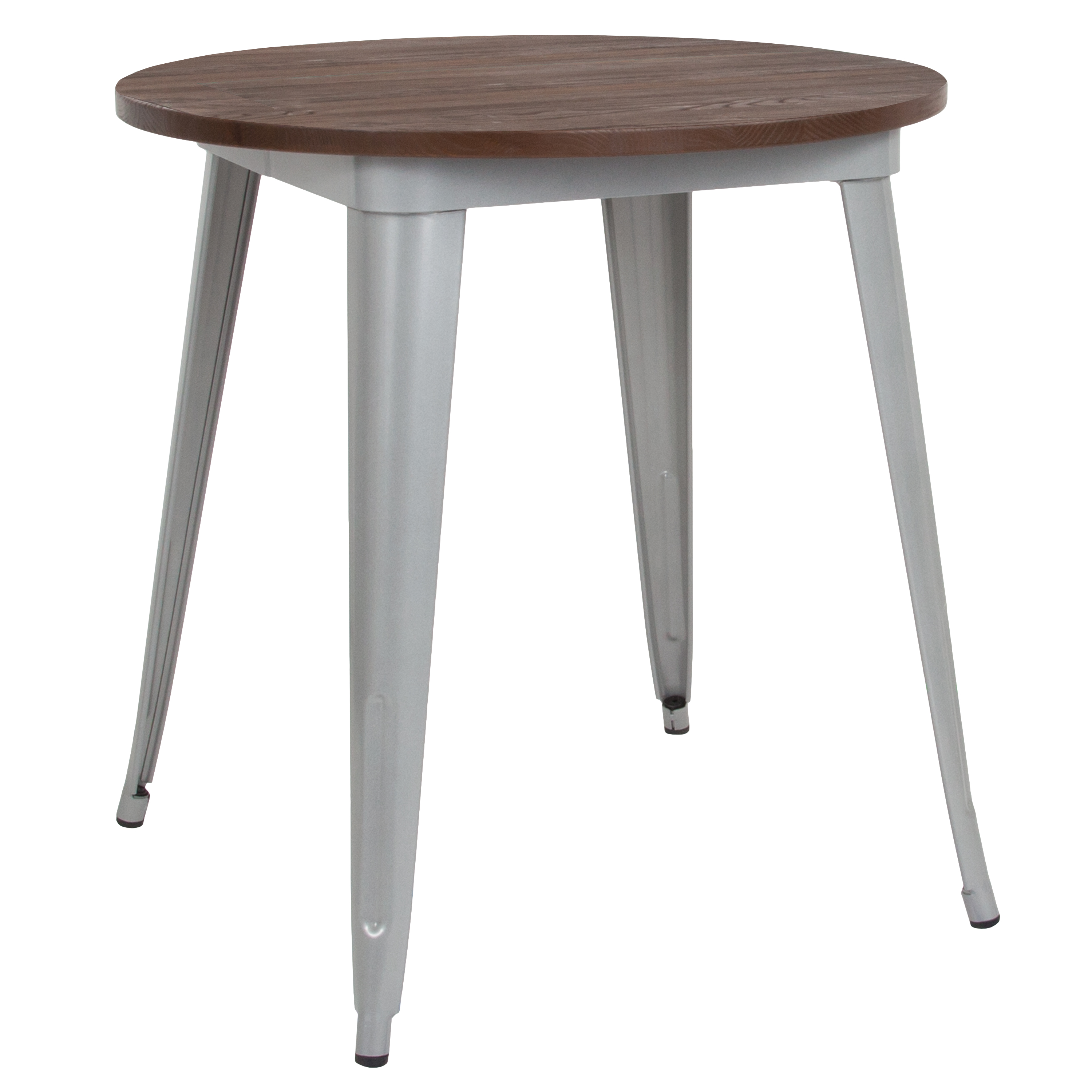 Flash Furniture 26" Round Silver Metal Indoor Table with Walnut Rustic Wood Top