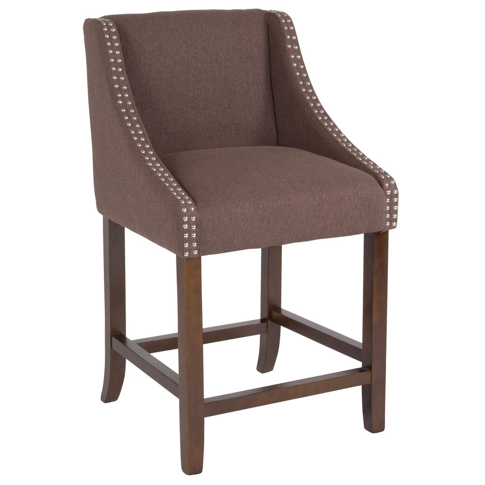 Flash Furniture Carmel Series 24" High Transitional Walnut Counter Height Stool with Accent Nail Trim in Brown Fabric