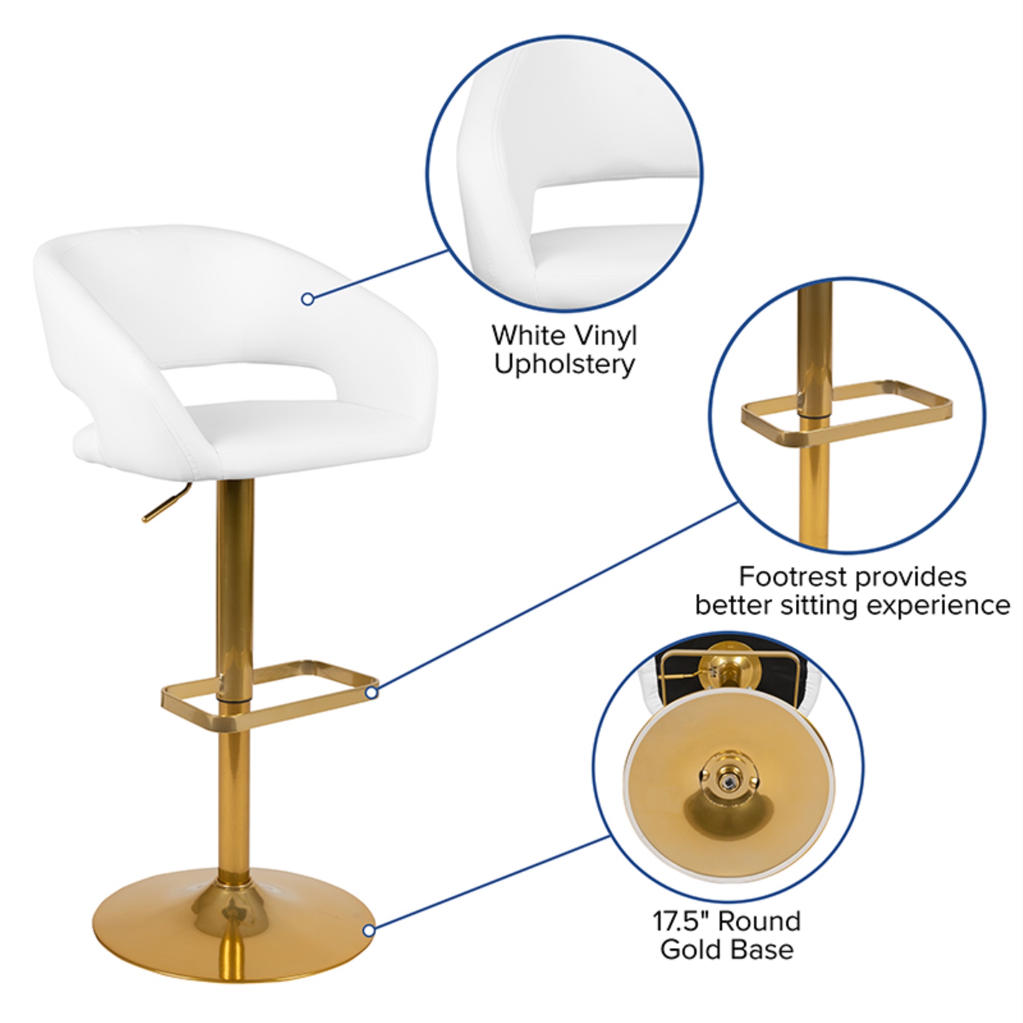 Flash Furniture Contemporary White Vinyl Adjustable Height Barstool with Rounded Mid-Back and Gold Base