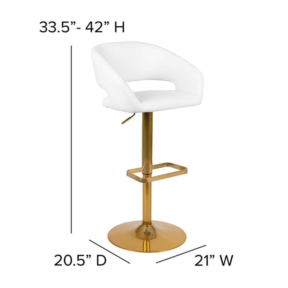Flash Furniture Contemporary White Vinyl Adjustable Height Barstool with Rounded Mid-Back and Gold Base