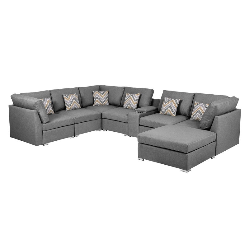 Lilola Home Amira Gray Fabric Reversible Modular Sectional Sofa With Usb Console And Ottoman Lilola Home Amira Gray Fabric, Sectional Sofa Without Back Cushions