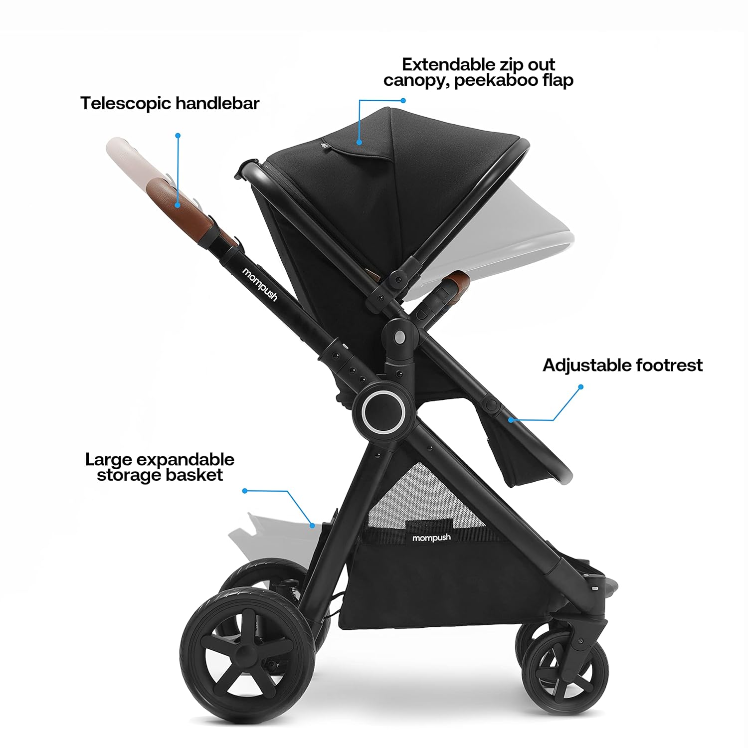 mompush Store Mompush Ultimate2 Full-Size Standard Stroller Independent Bassinet Reversible Seat Compact Self Standing Fold Large UPF50+ Canop