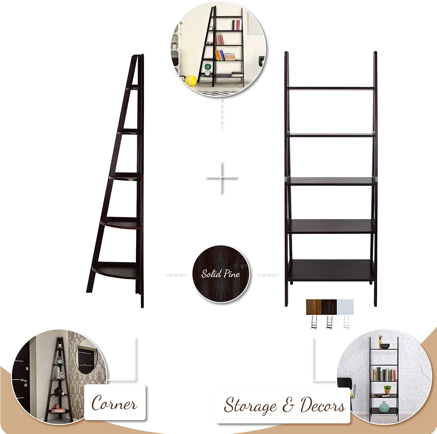 Casual Home 5 Shelf Corner Ladder Bookcase In Espresso Finish 176-33U New