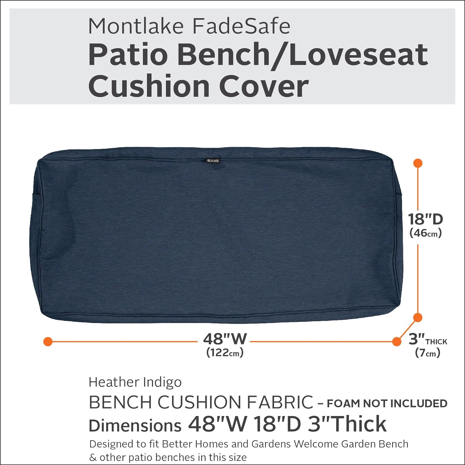 Classic Accessories Montlake Water-Resistant 48 x 18 x 3 Inch Patio Bench/Settee Cushion Slip Cover, Heather Indigo Blue
