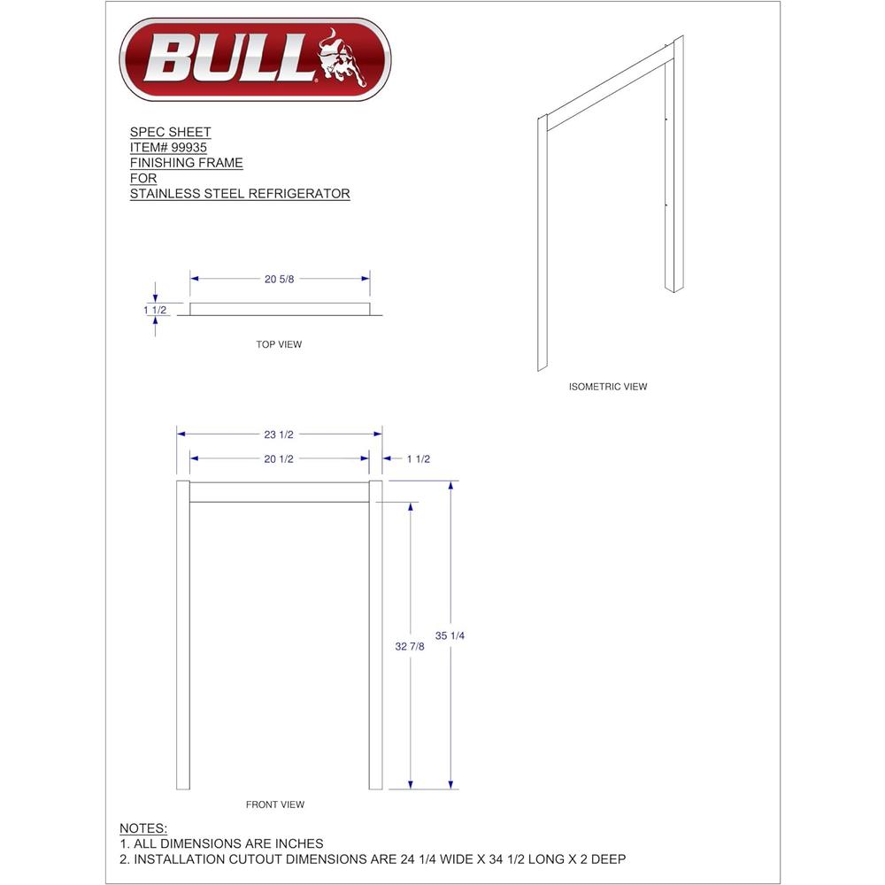 Bull Outdoor Products 99935 Refrigerator Frame, Stainless Steel