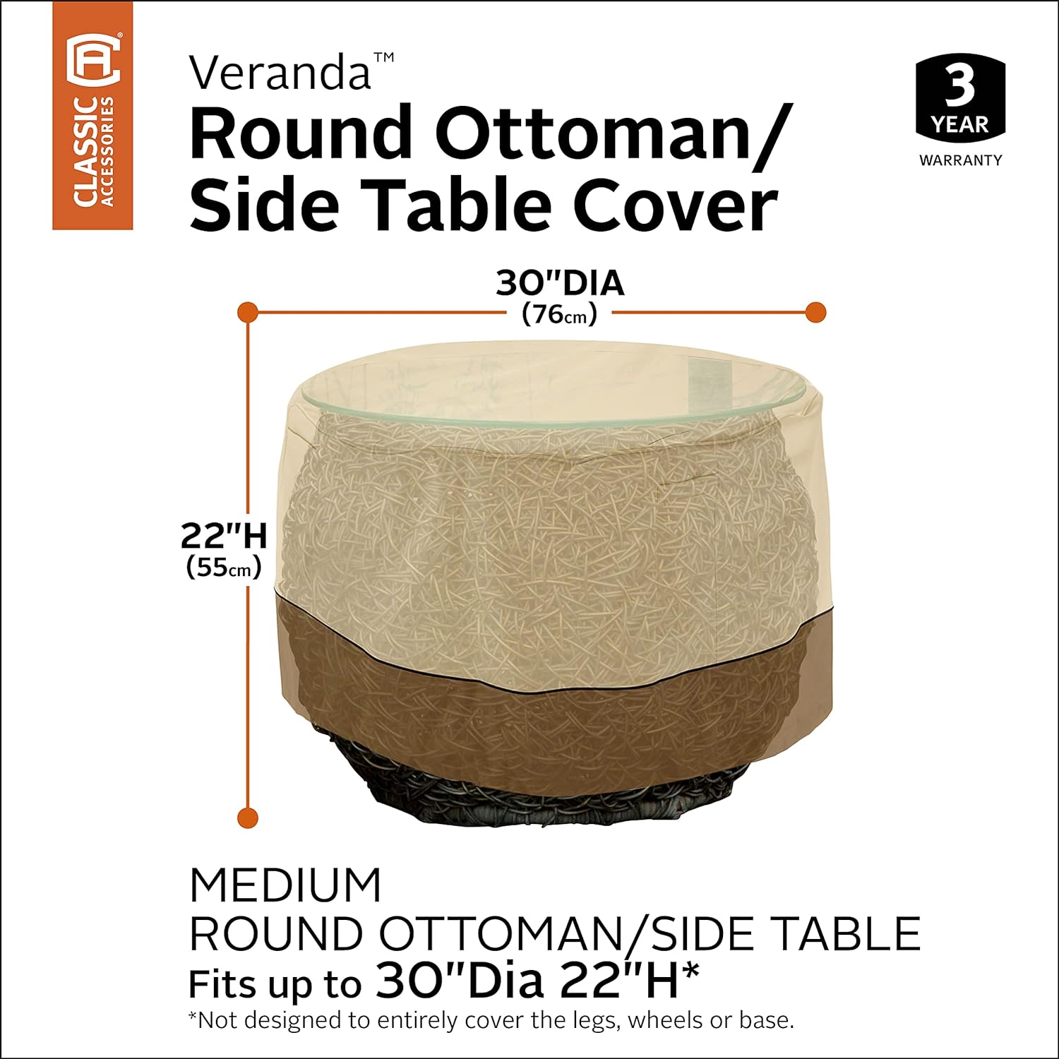 Classic Accessories Veranda Water-Resistant 30 Inch Round Patio Ottoman/Coffee Table Cover