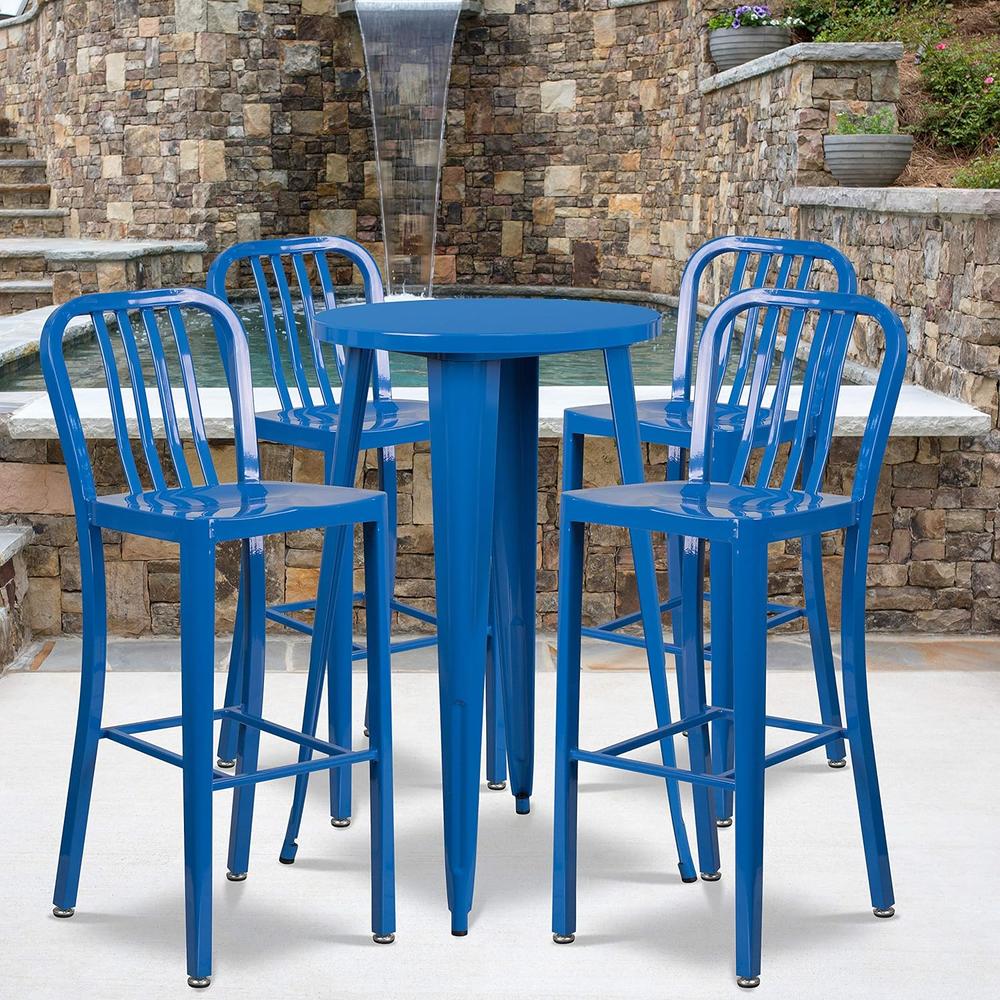 Flash Furniture 24'' Round Blue Metal Indoor-Outdoor Bar Table Set with 4 Vertical Slat Back Stools