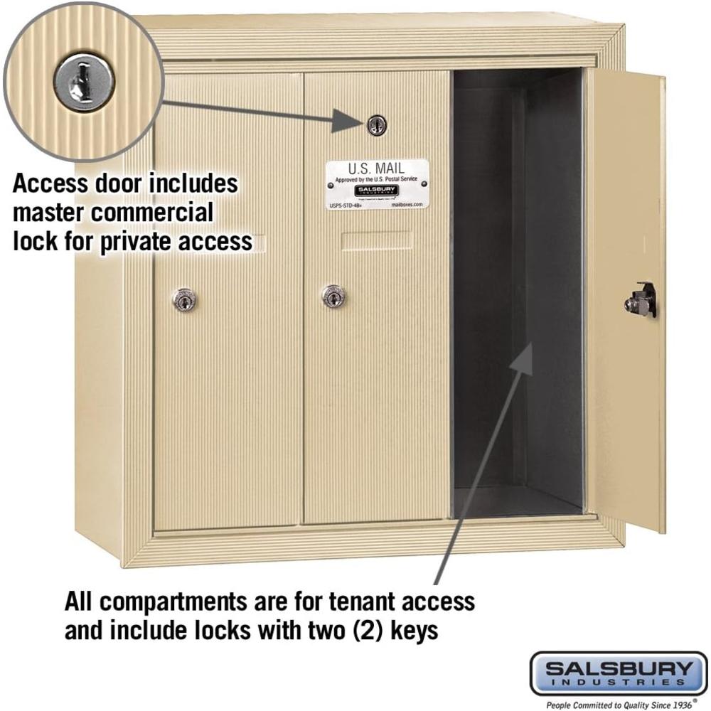 Salsbury Industries Vertical Mailbox (Includes Master Commercial Lock) - 3 Doors - Sandstone - Surface Mounted - Private Access