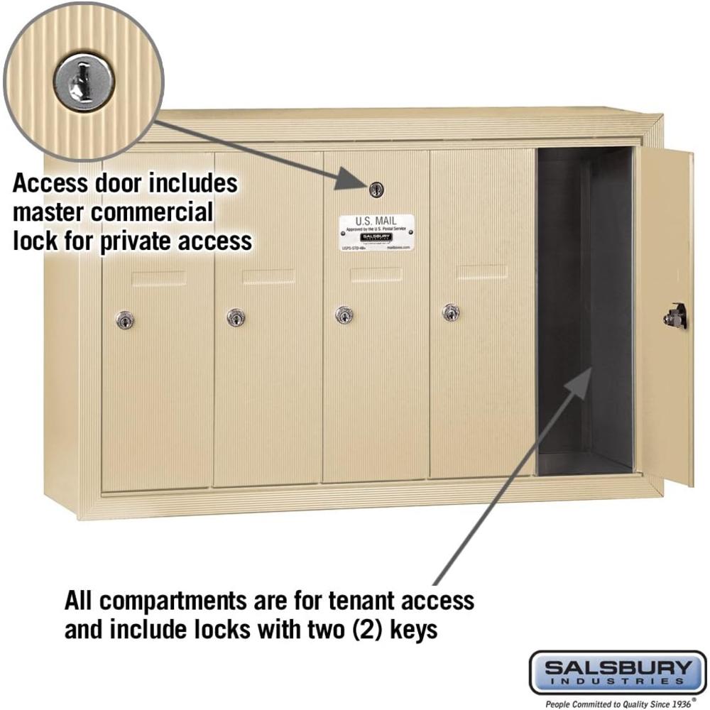 Salsbury Industries Vertical Mailbox (Includes Master Commercial Lock) - 5 Doors - Sandstone - Surface Mounted - Private Access