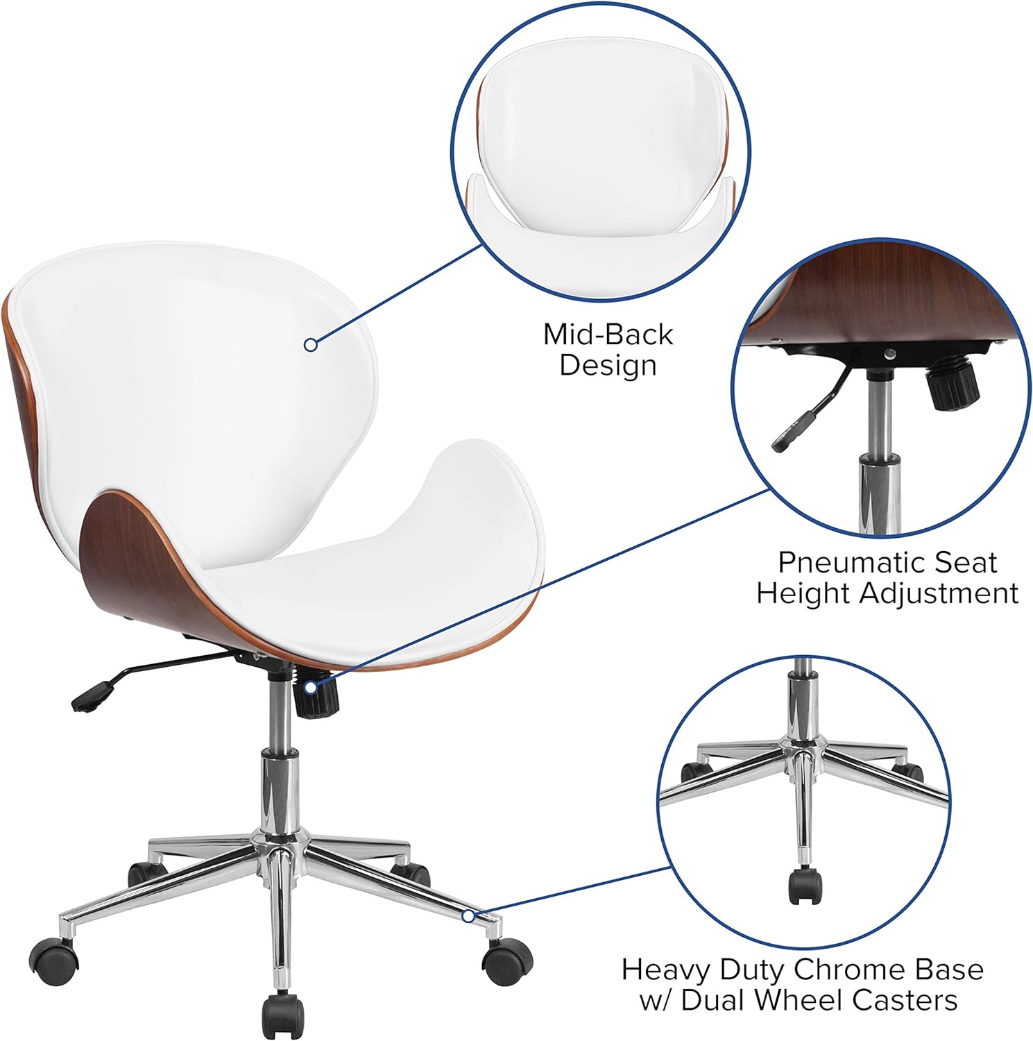 Flash Furniture Mid-Back Walnut Wood Swivel Conference Chair in White Leather