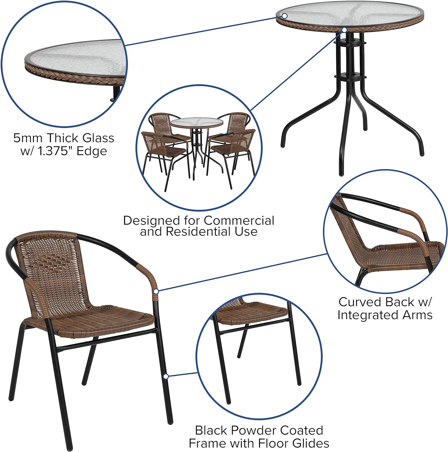 Flash Furniture 28'' Round Glass Metal Table with Dark Brown Rattan Edging and 4 Dark Brown Rattan Stack Chairs
