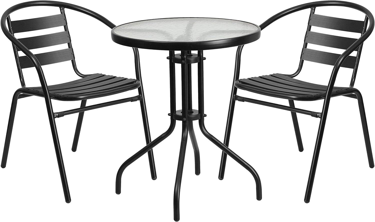 Flash Furniture 23.75'' Round Glass Metal Table with 2 Black Metal Aluminum Slat Stack Chairs