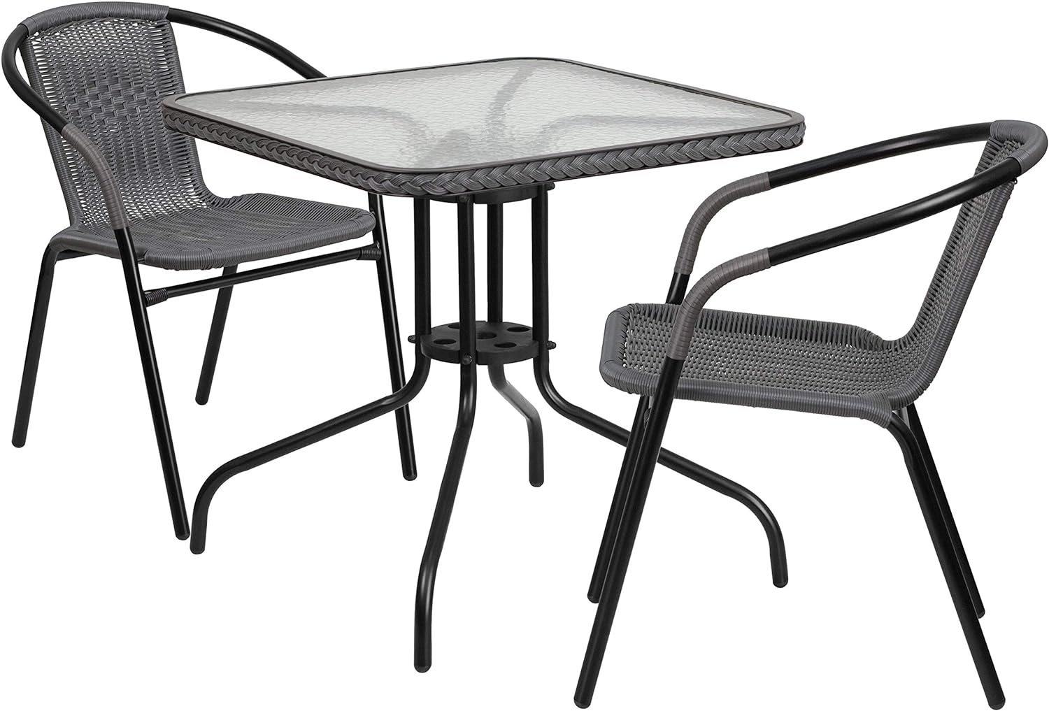 Flash Furniture 28'' Square Glass Metal Table with Gray Rattan Edging and 2 Gray Rattan Stack Chairs