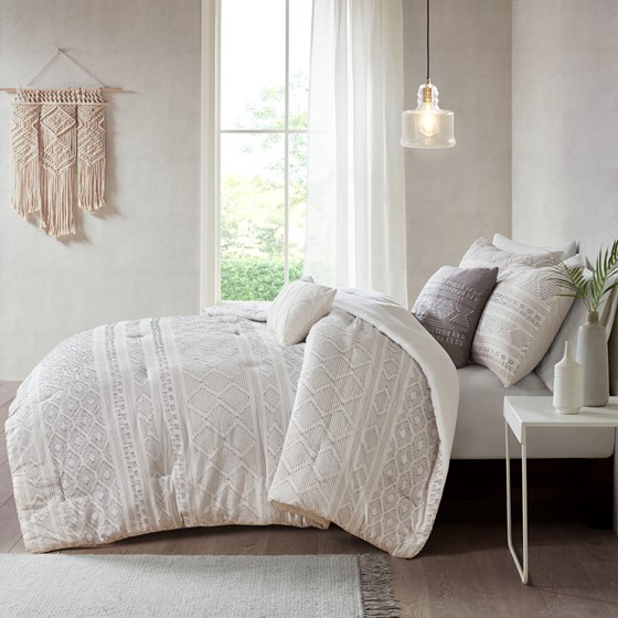 Urban Habitat Lizbeth 5 Piece Cotton Clip Jacquard Comforter Set White/Grey Full/Queen