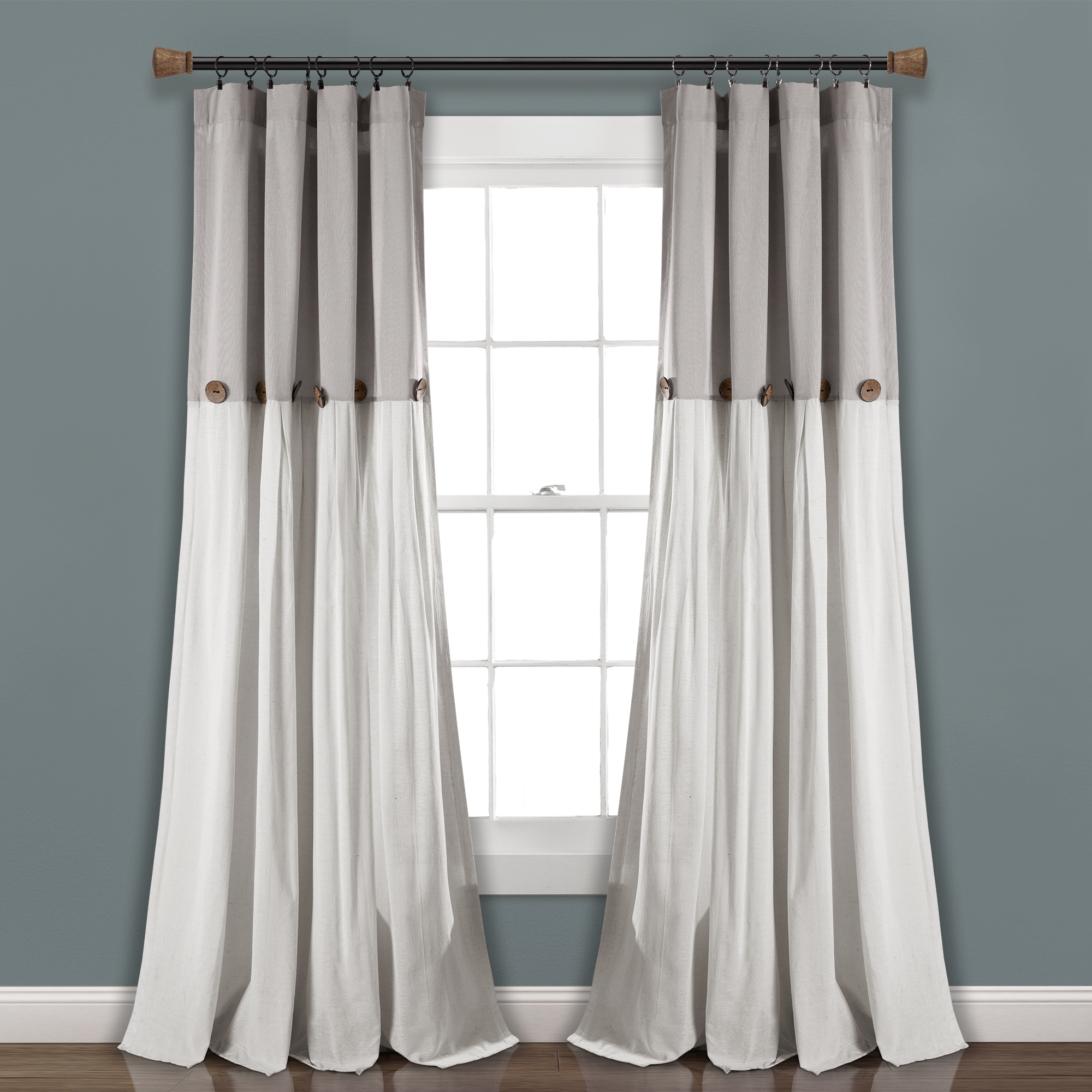 Lush Decor Linen Button Window Curtain Panels Single Gray/White 40X95