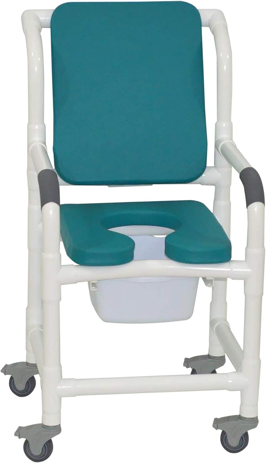 MJM International Corp. Shower chair 18Inch internal width 3Inch total locking casters OCEAN BLUE deluxe elongated open front soft seat OCEAN BLUE cushi