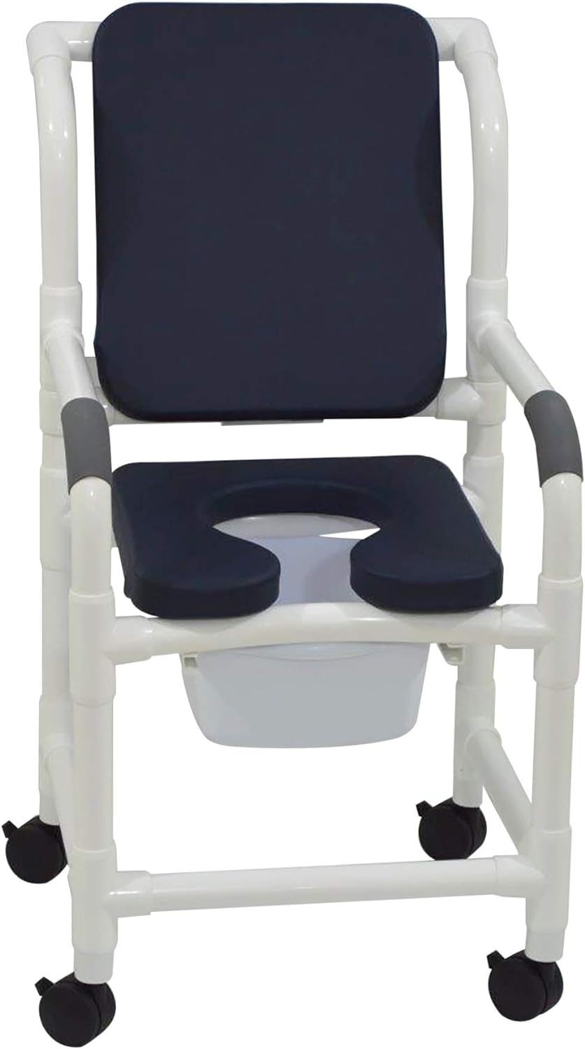 MJM International Corp. Shower chair 18Inch internal width 3Inch twin casters ADMIRAL BLUE deluxe elongated open front soft seat ADMIRAL BLUE cushion pa