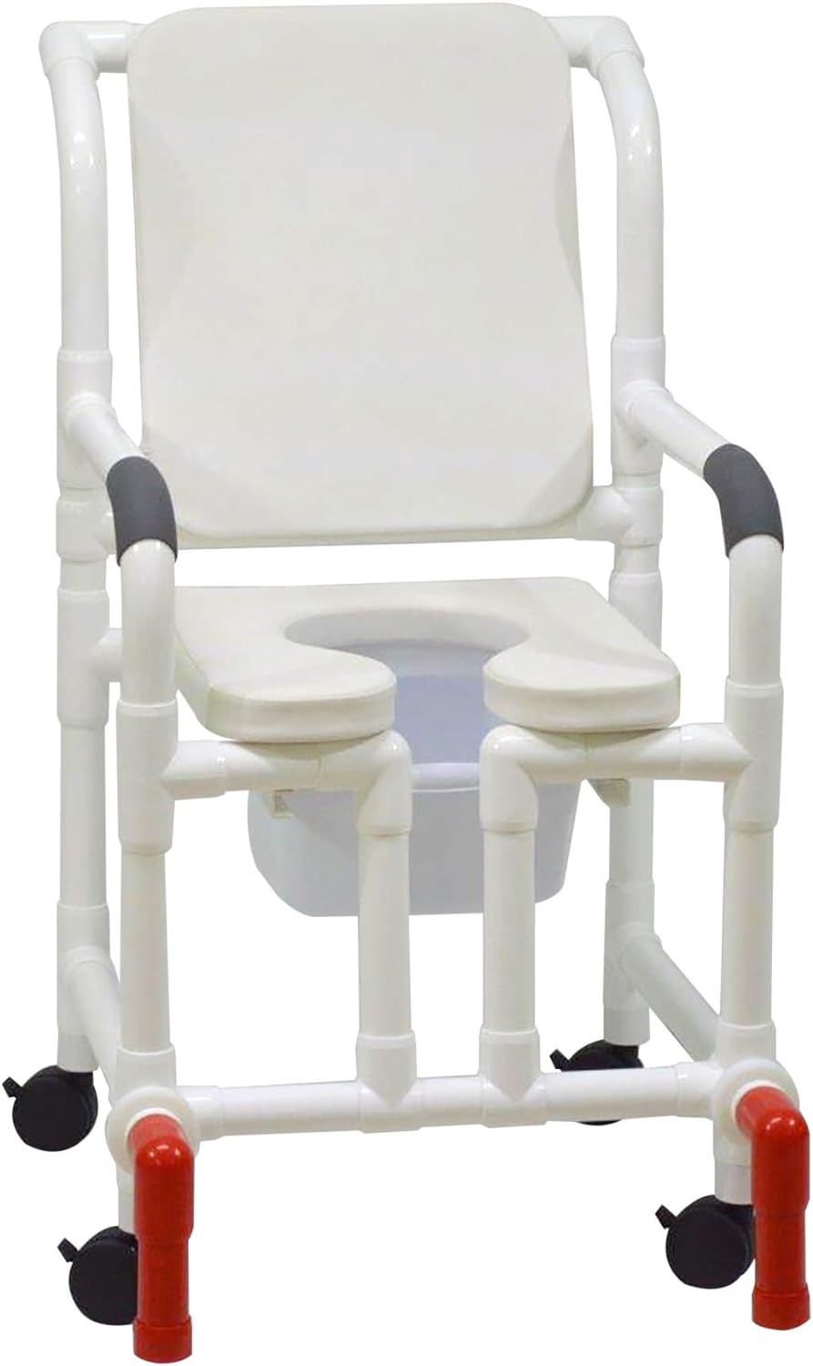 MJM International Corp. Shower chair 18Inch internal width 3Inch twin casters WHITE deluxe elongated open front soft seat WHITE cushion padded back true