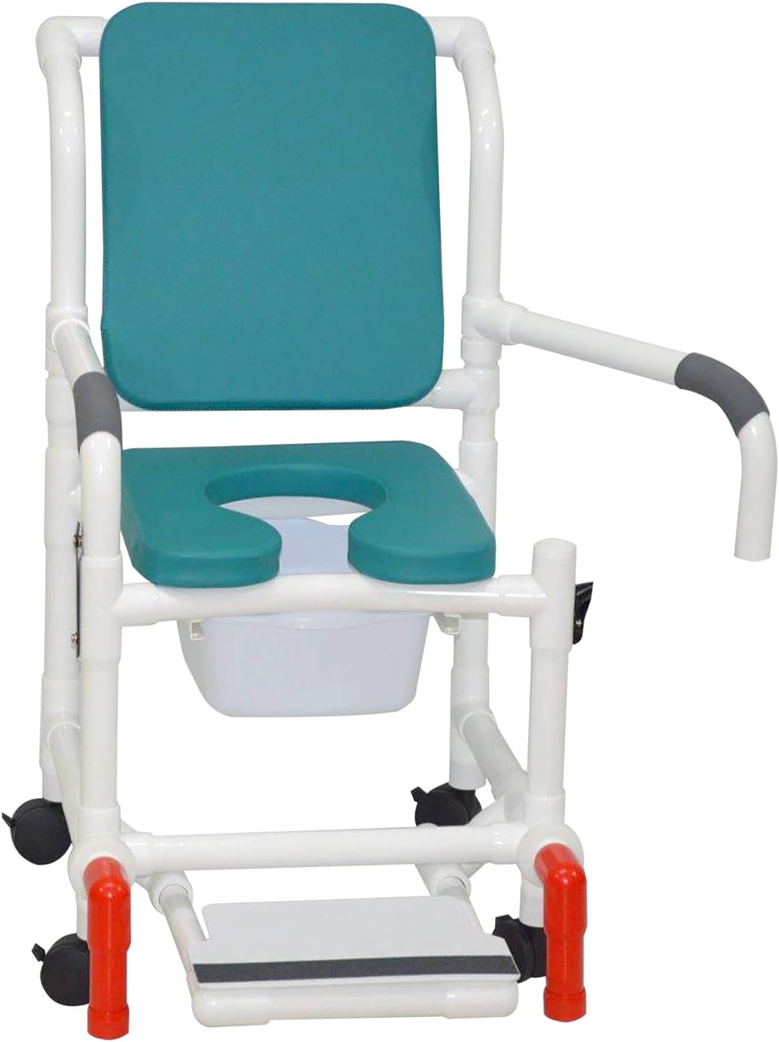 MJM International Corp. Shower chair 18Inch internal width 3Inch twin casters OCEAN BLUE deluxe elongated open front soft seat OCEAN BLUE cushion padded